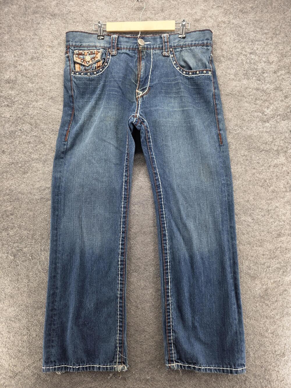 True Religion Jeans Womens 39x32 Blue Bootcut Medium Wash Studded Distressed